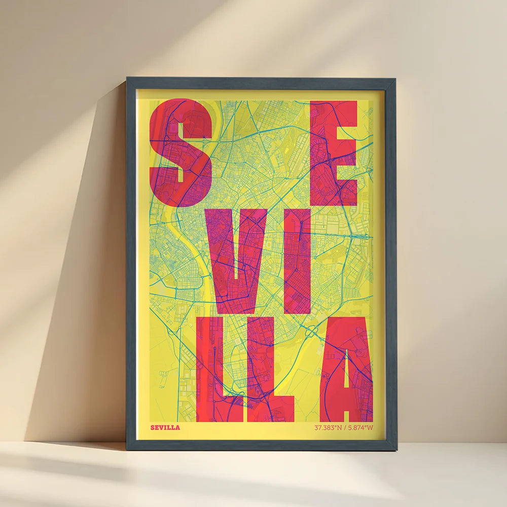 Lámina creativa de Sevilla – Diseño gráfico y tipografía sobre mapa