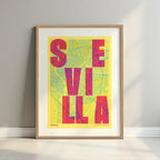 Lámina creativa de Sevilla – Diseño gráfico y tipografía sobre mapa