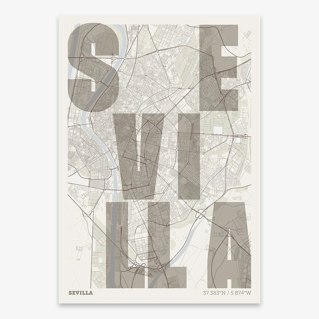 Decorative print of Sevilla with letters of its name placed randomly, designed in light brown and an off-white background