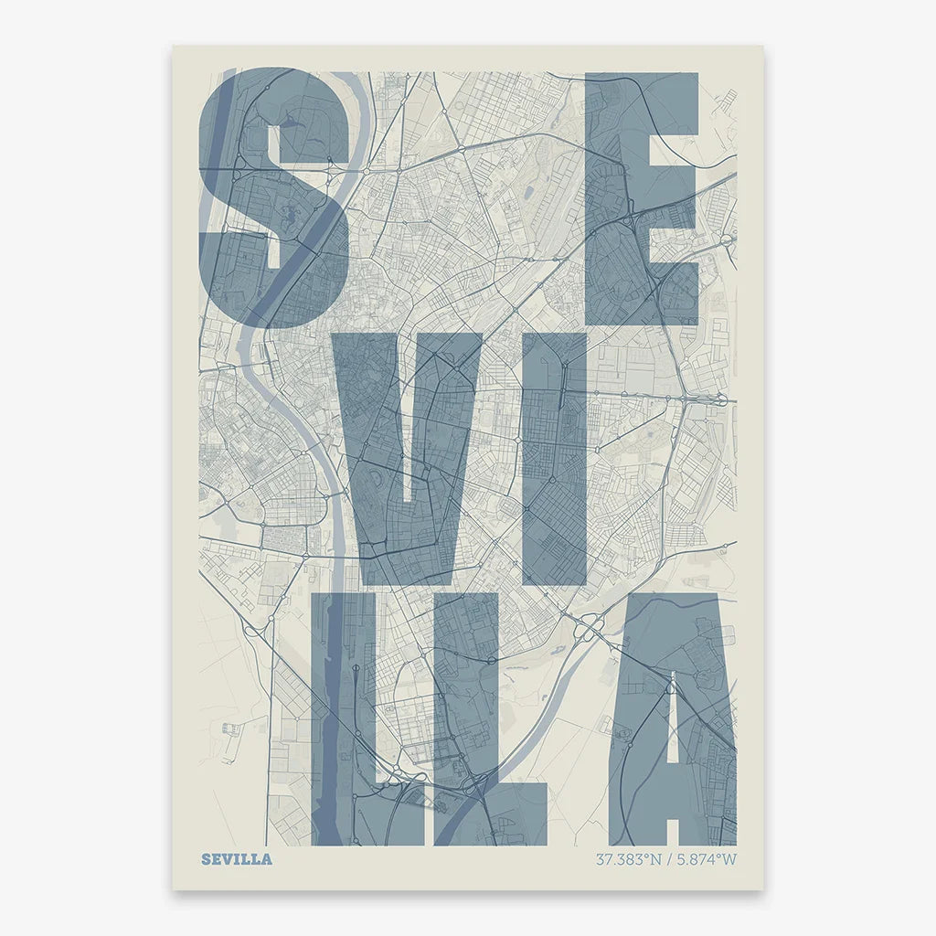 Decorative print of Sevilla with letters of its name placed randomly, designed in bluish gray and an off-white background