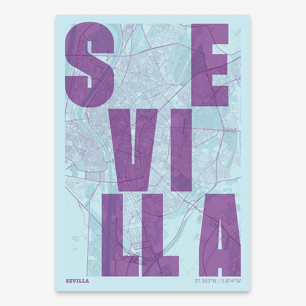 Decorative print of Sevilla with letters of its name placed randomly, designed in purple and light blue