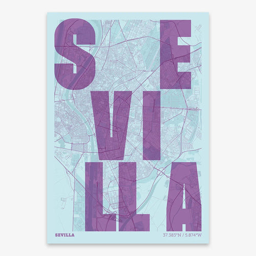 Decorative print of Sevilla with letters of its name placed randomly, designed in purple and light blue
