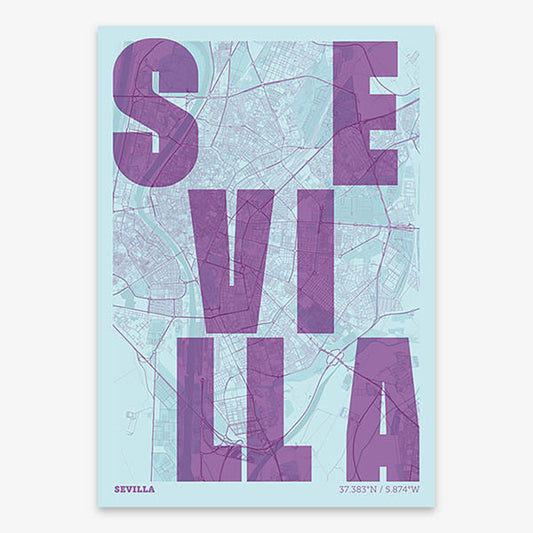 Decorative print of Sevilla with letters of its name placed randomly, designed in purple and light blue