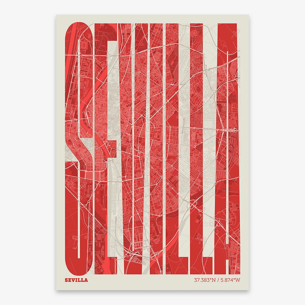 Decorative map of Sevilla and letters of its name in a giclée print designed in red and an off-white background