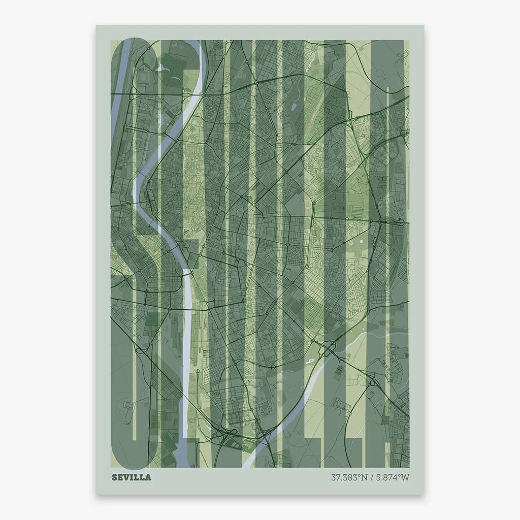 Decorative map of Sevilla and letters of its name in a giclée print designed in two green tones