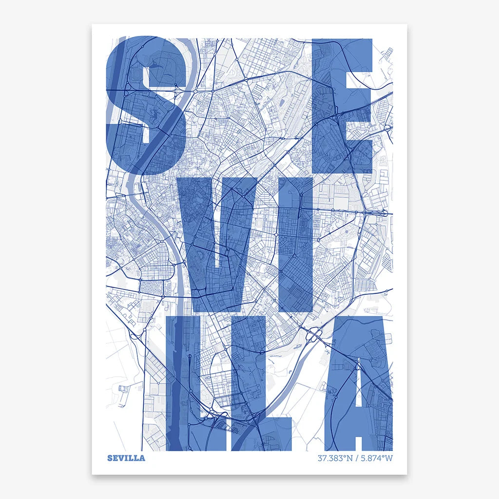 Decorative map of Sevilla and letters of its name in a giclée print designed in navy blue and white