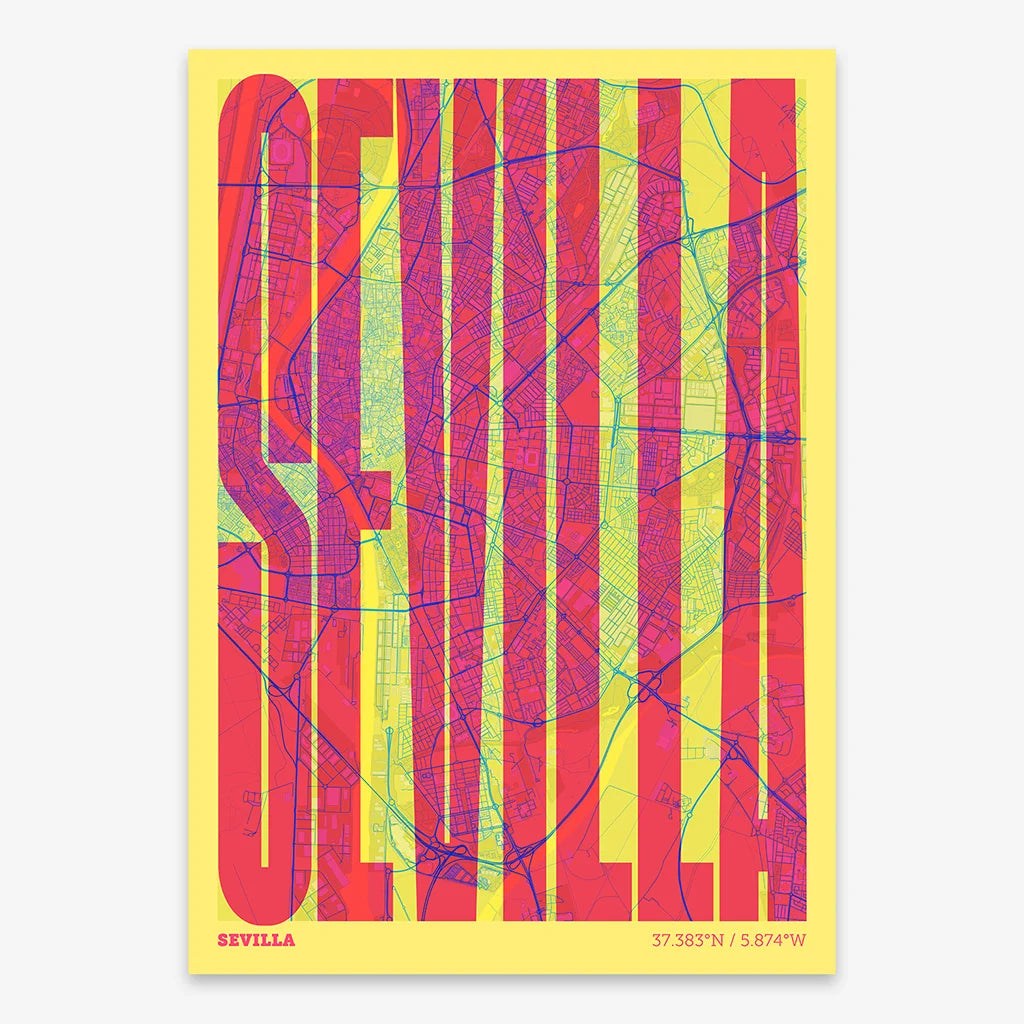 Decorative map of Sevilla and letters of its name in a giclée print designed in yellow and fuchsia