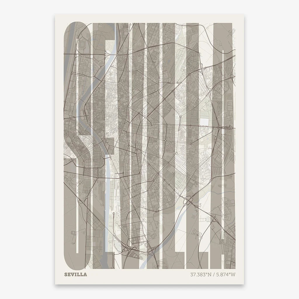 Decorative map of Sevilla and letters of its name in a giclée print designed in light brown and an off-white background