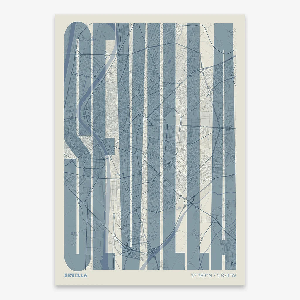 Decorative map of Sevilla and letters of its name in a giclée print designed in bluish gray and an off-white background