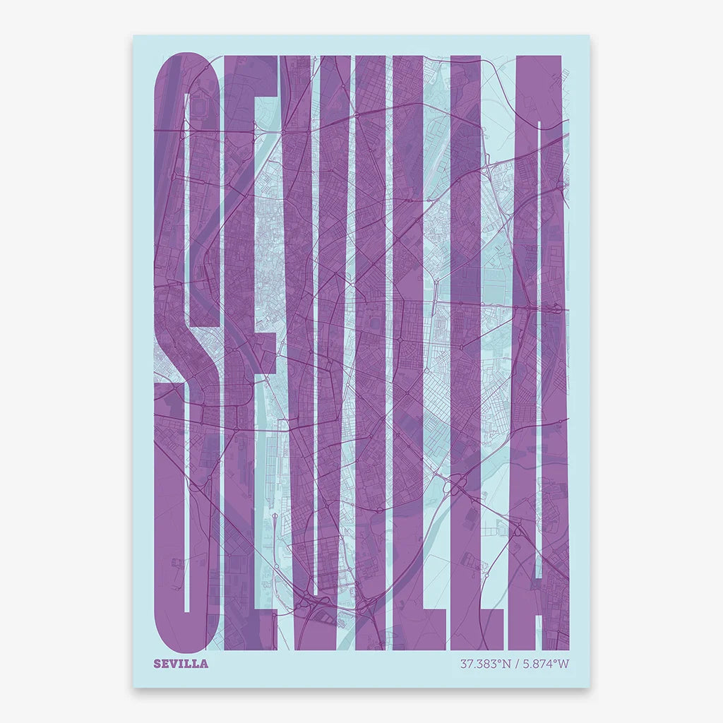 Decorative map of Sevilla and letters of its name in a giclée print designed in purple and light blue