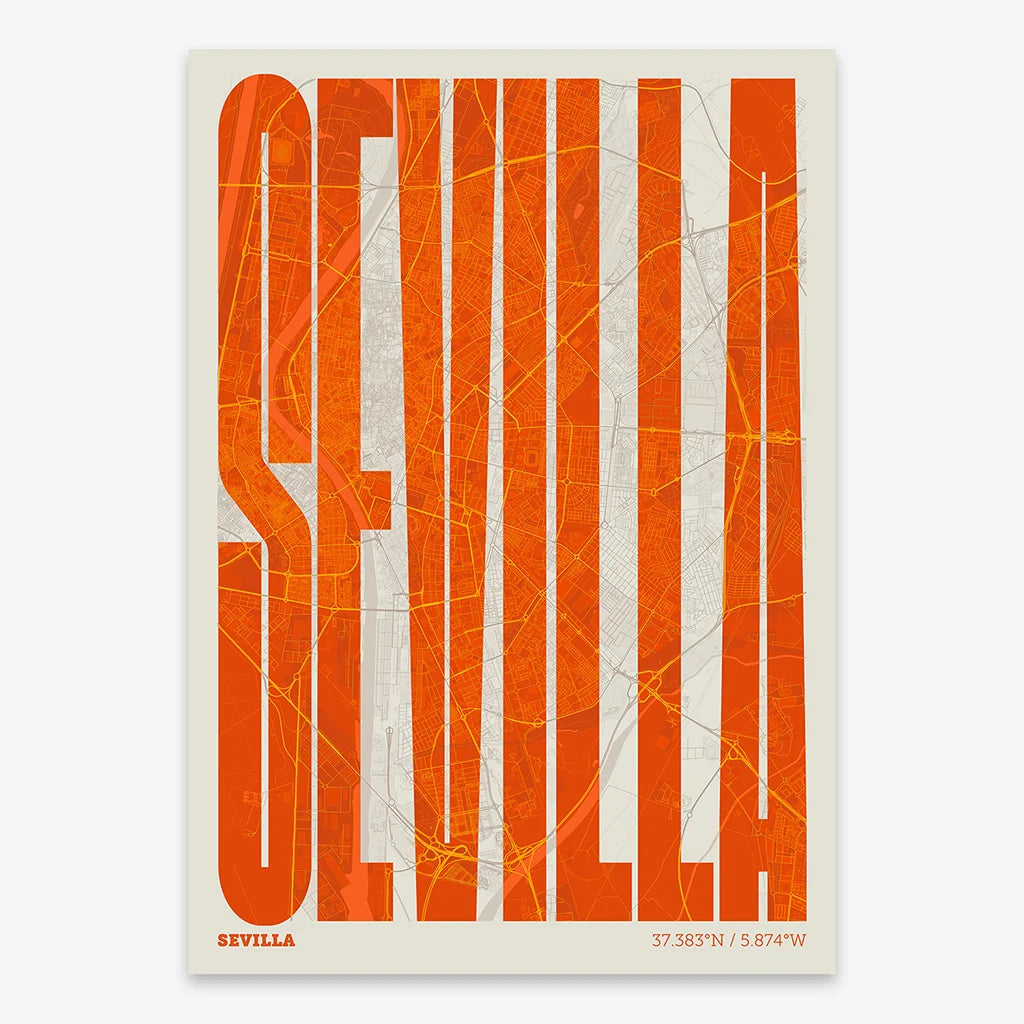 Decorative map of Sevilla and letters of its name in a giclée print designed in orange and an off-white background
