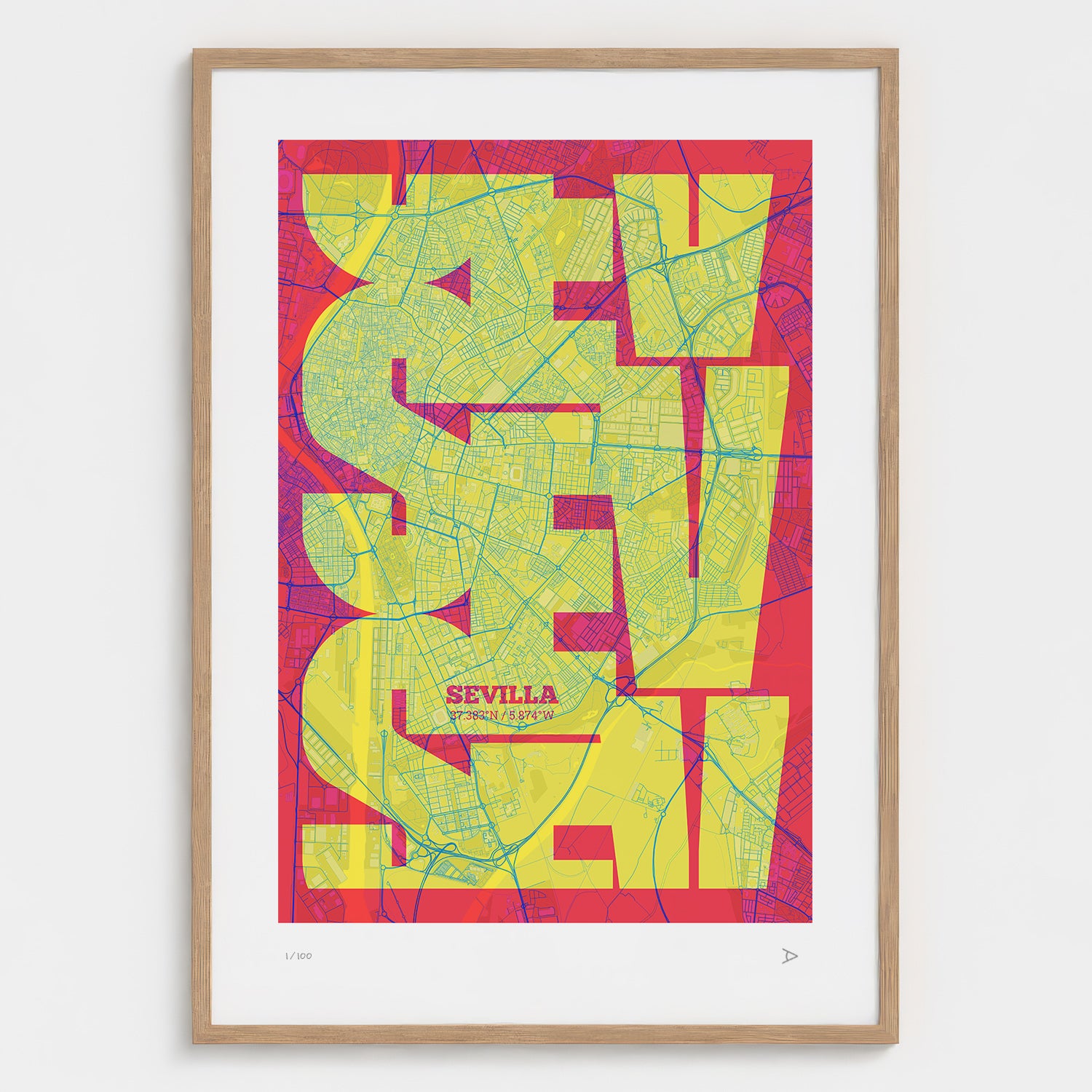 Lámina tipográfica de Sevilla – diseño Inseparable, marco de madera natural
