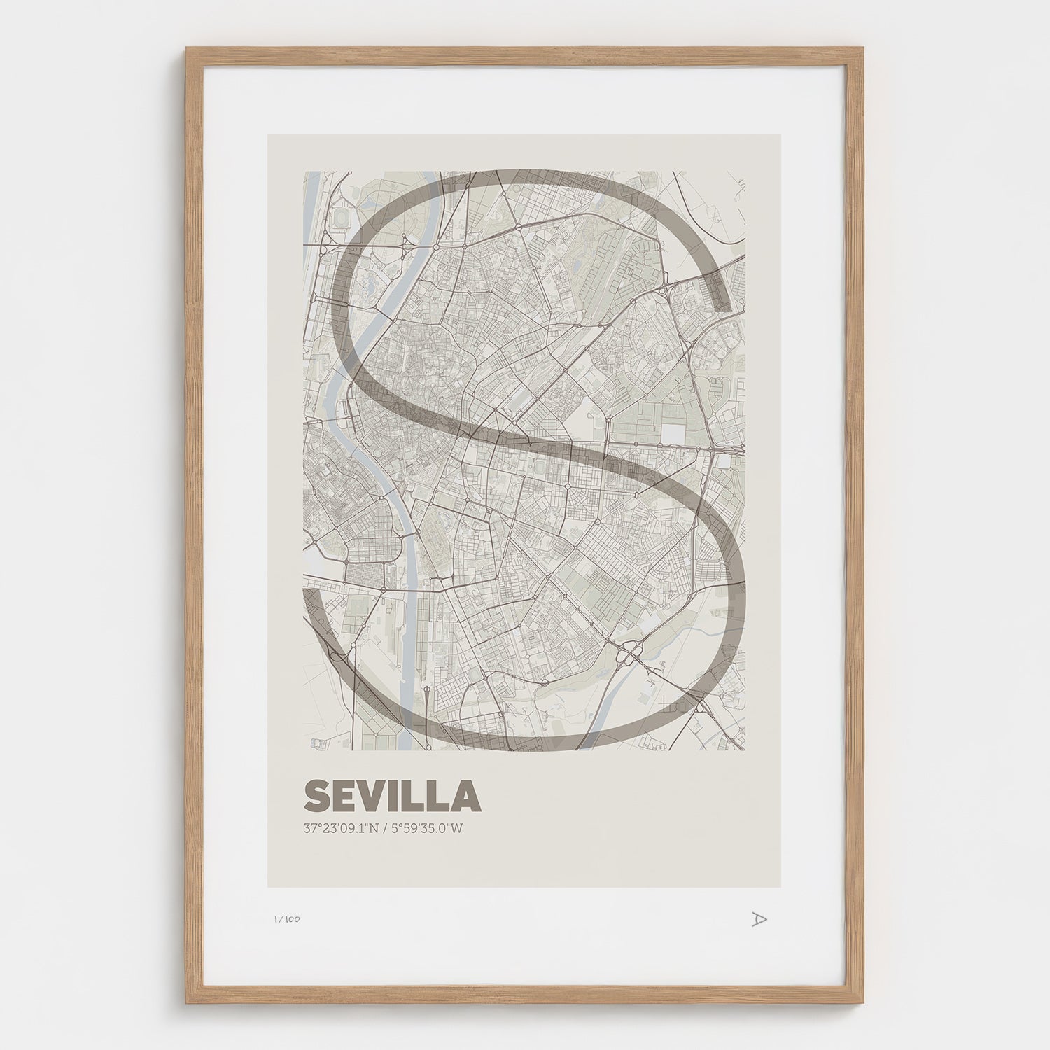 Lámina tipográfica de Sevilla – diseño Ultrafina, marco de madera natural