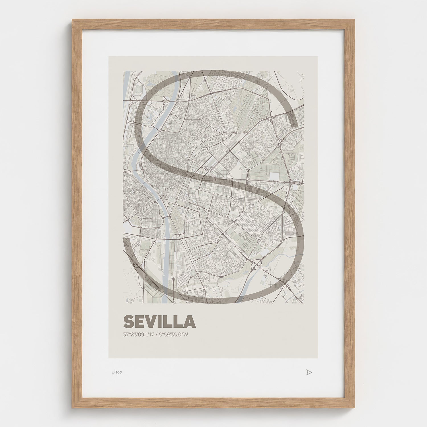Lámina tipográfica de Sevilla – diseño Ultrafina, marco de madera natural
