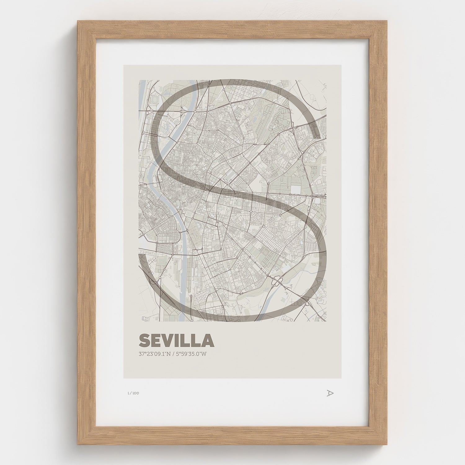 Lámina tipográfica de Sevilla – diseño Ultrafina, marco de madera natural