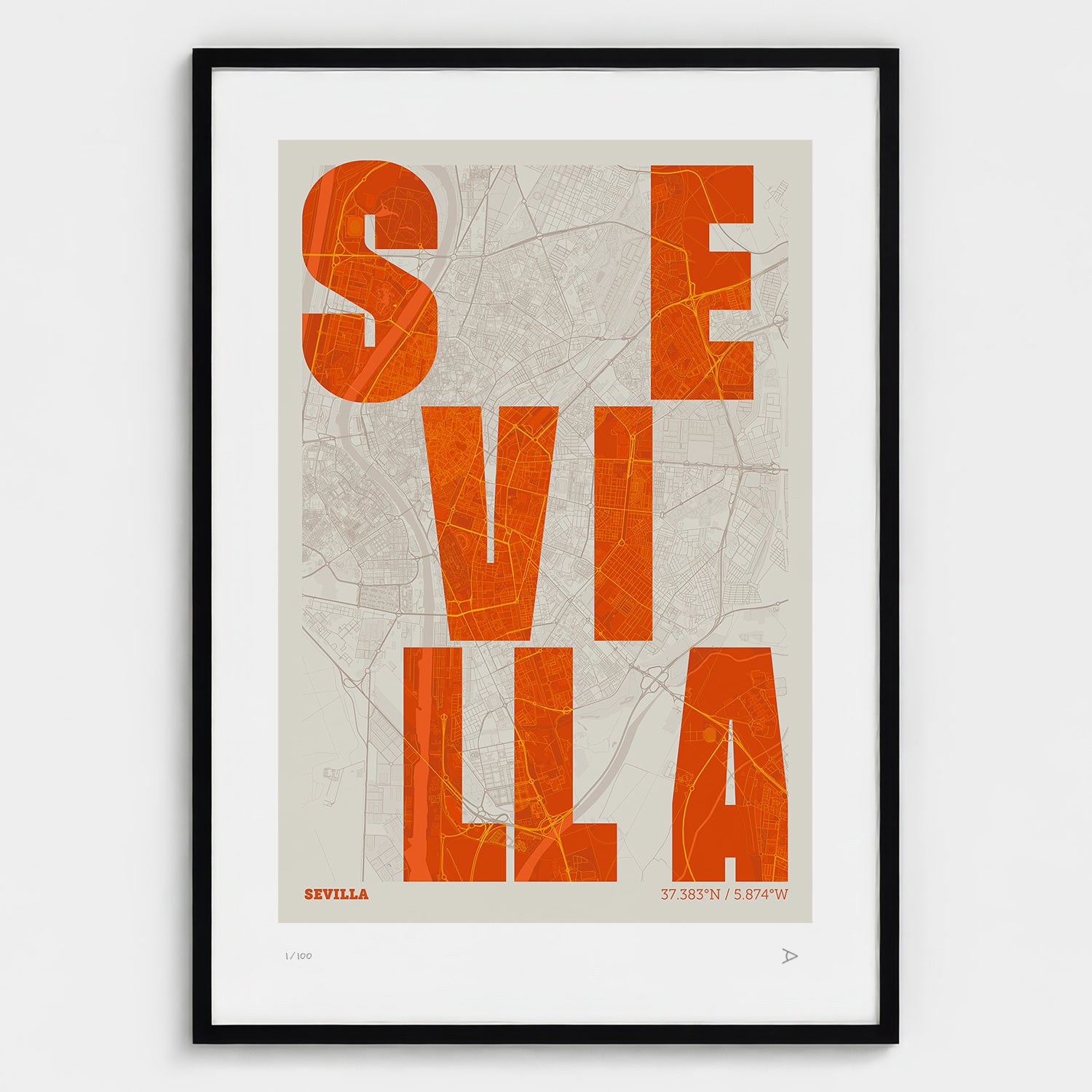Lámina tipográfica de Sevilla – diseño Revoltosa, marco negro