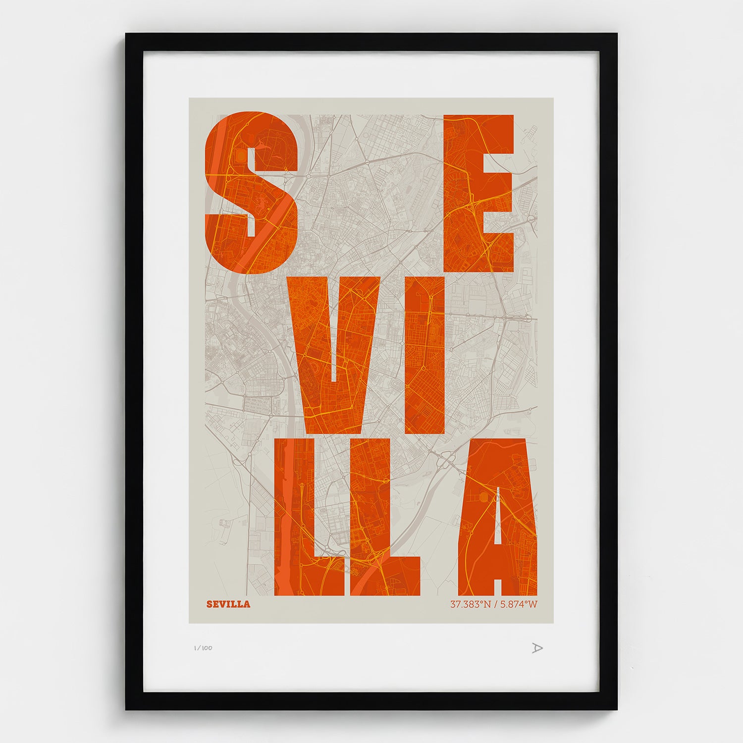 Lámina tipográfica de Sevilla – diseño Revoltosa, marco negro