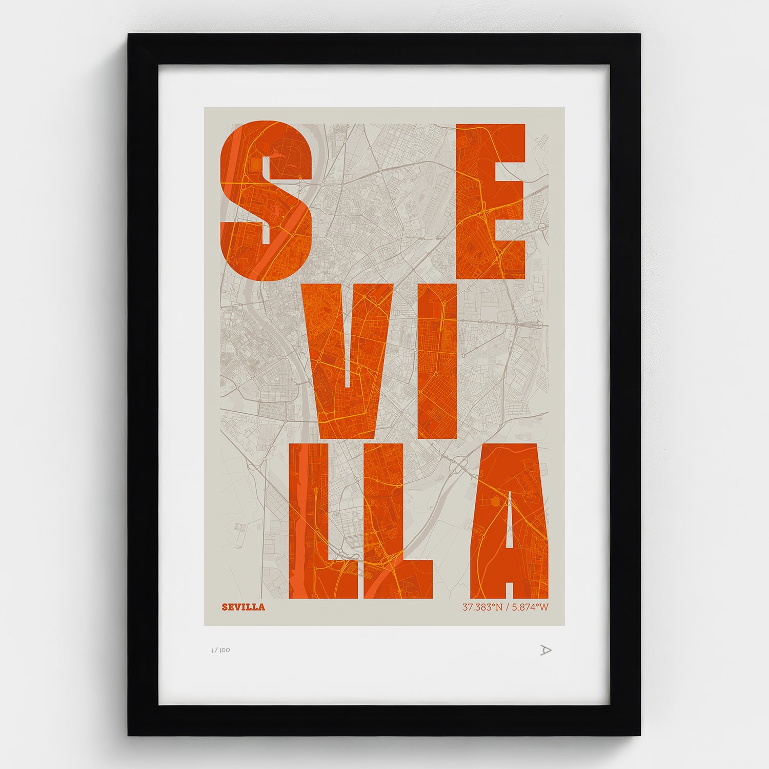 Lámina tipográfica de Sevilla – diseño Revoltosa, marco negro