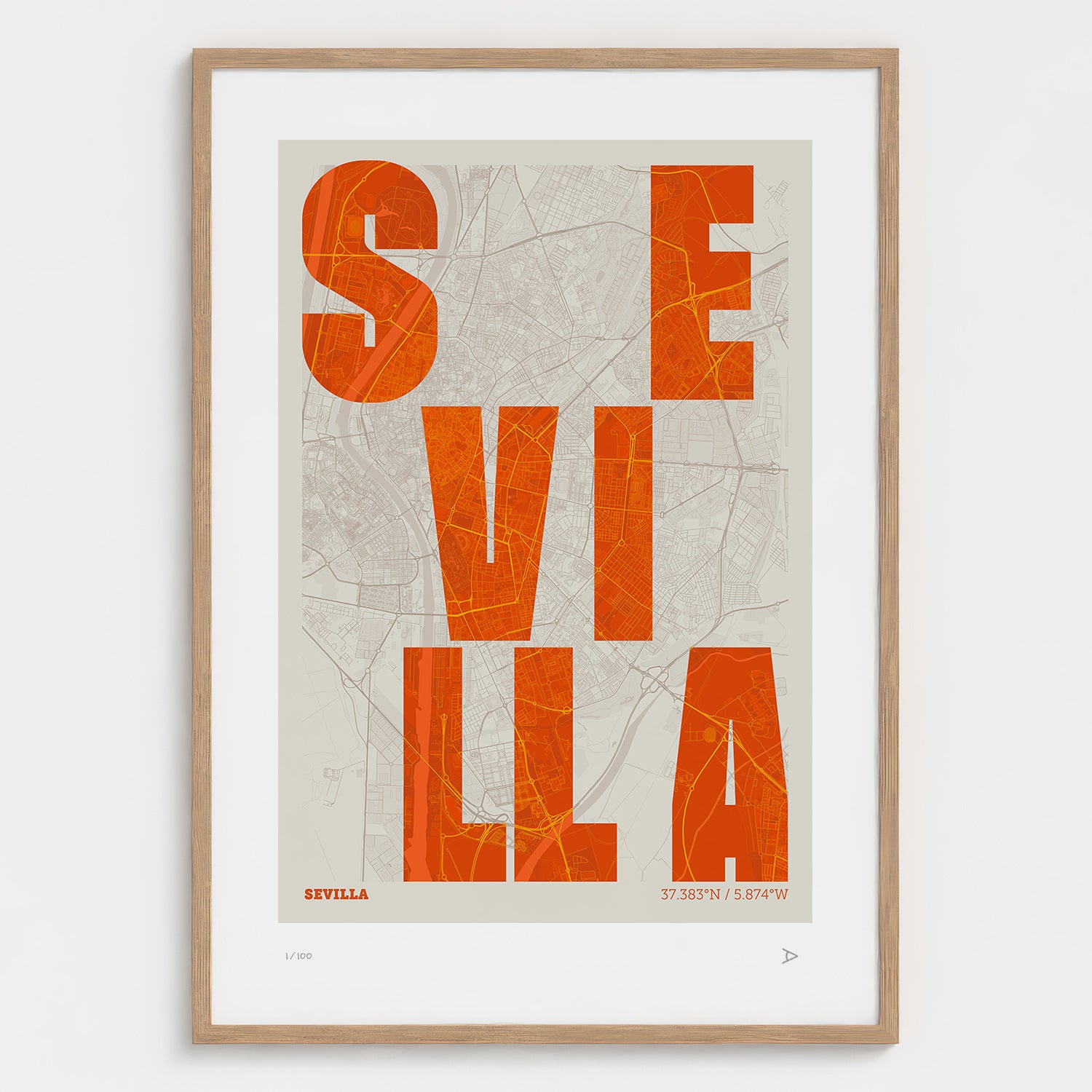 Lámina tipográfica de Sevilla – diseño Revoltosa, marco de madera natural