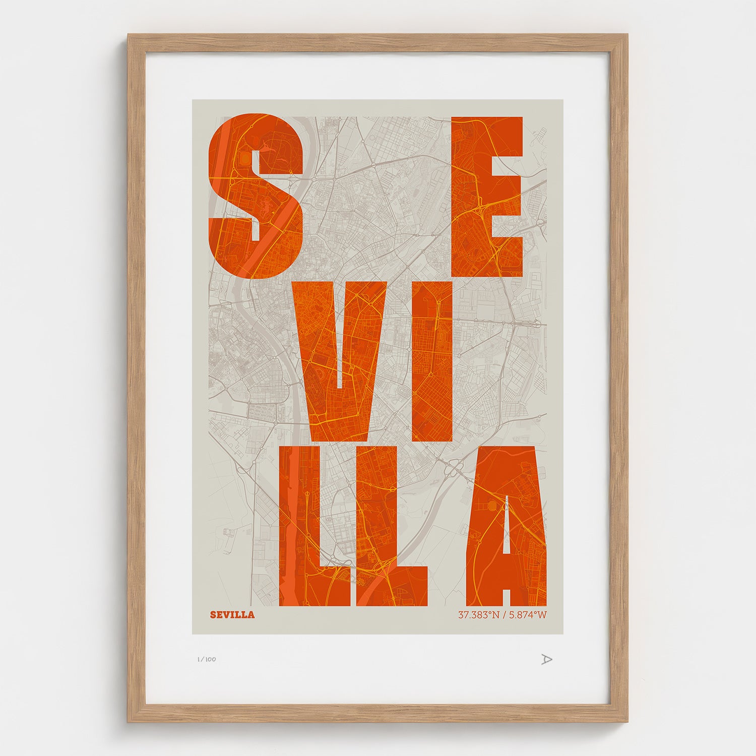 Lámina tipográfica de Sevilla – diseño Revoltosa, marco de madera natural