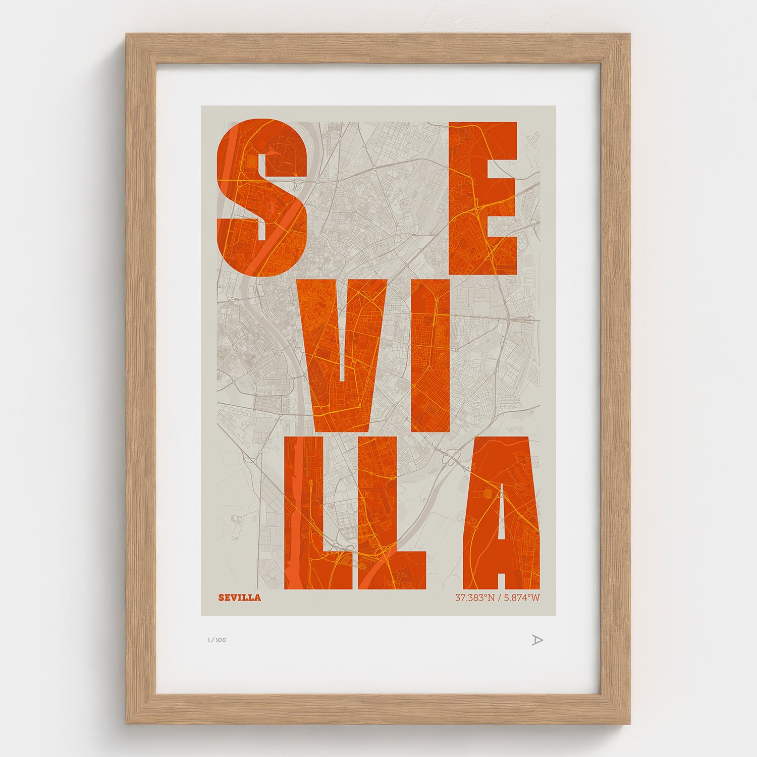 Lámina tipográfica de Sevilla – diseño Revoltosa, marco de madera natural