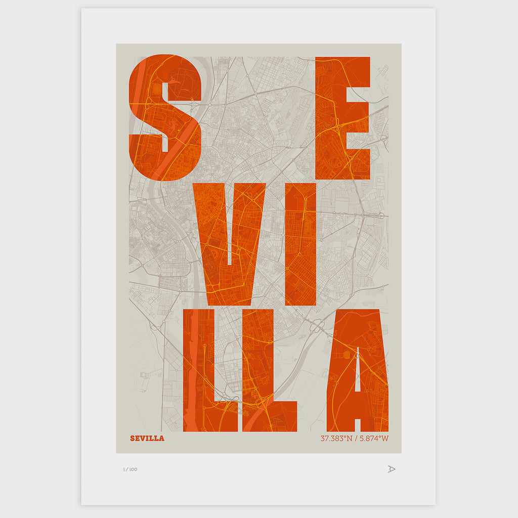 Lámina tipográfica de Sevilla – diseño Revoltosa, sin marco sobre papel