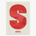 Decorative print of Soria composed with letters in a heavy geometric font printed on red and an off-white background
