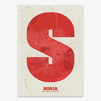 Decorative print of Soria composed with letters in a heavy geometric font printed on red and an off-white background