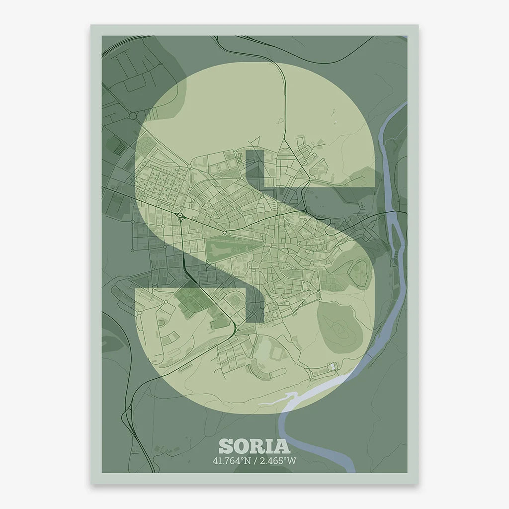 Decorative print of Soria composed with letters in a heavy geometric font printed on two green tones