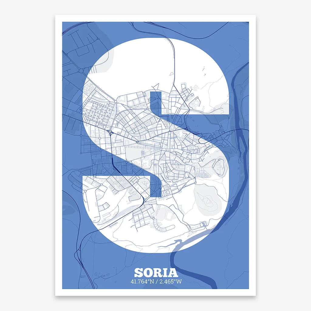 Decorative print of Soria composed with letters in a heavy geometric font printed on navy blue and white