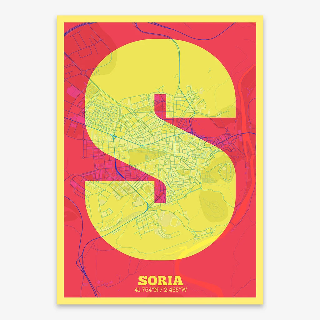 Decorative print of Soria composed with letters in a heavy geometric font printed on yellow and fuchsia