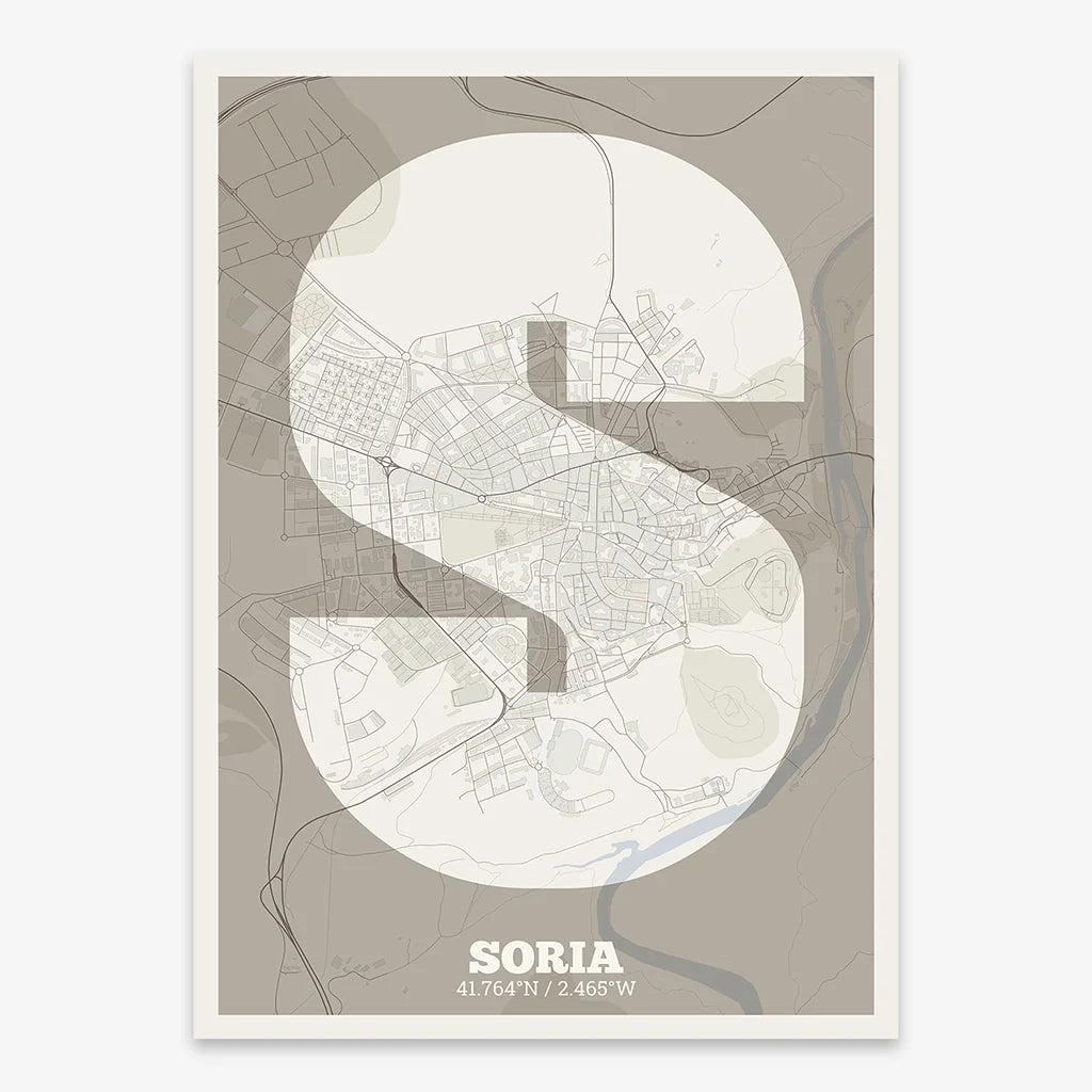 Decorative print of Soria composed with letters in a heavy geometric font printed on light brown and an off-white background