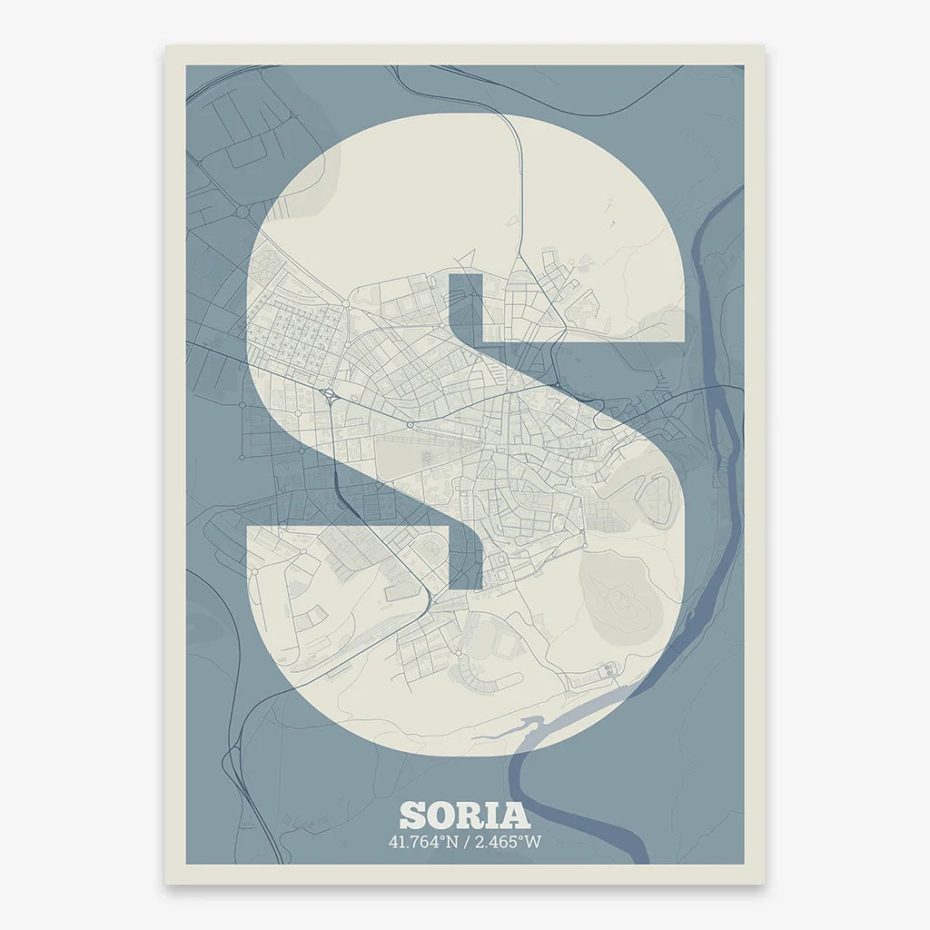 Decorative print of Soria composed with letters in a heavy geometric font printed on bluish gray and an off-white background