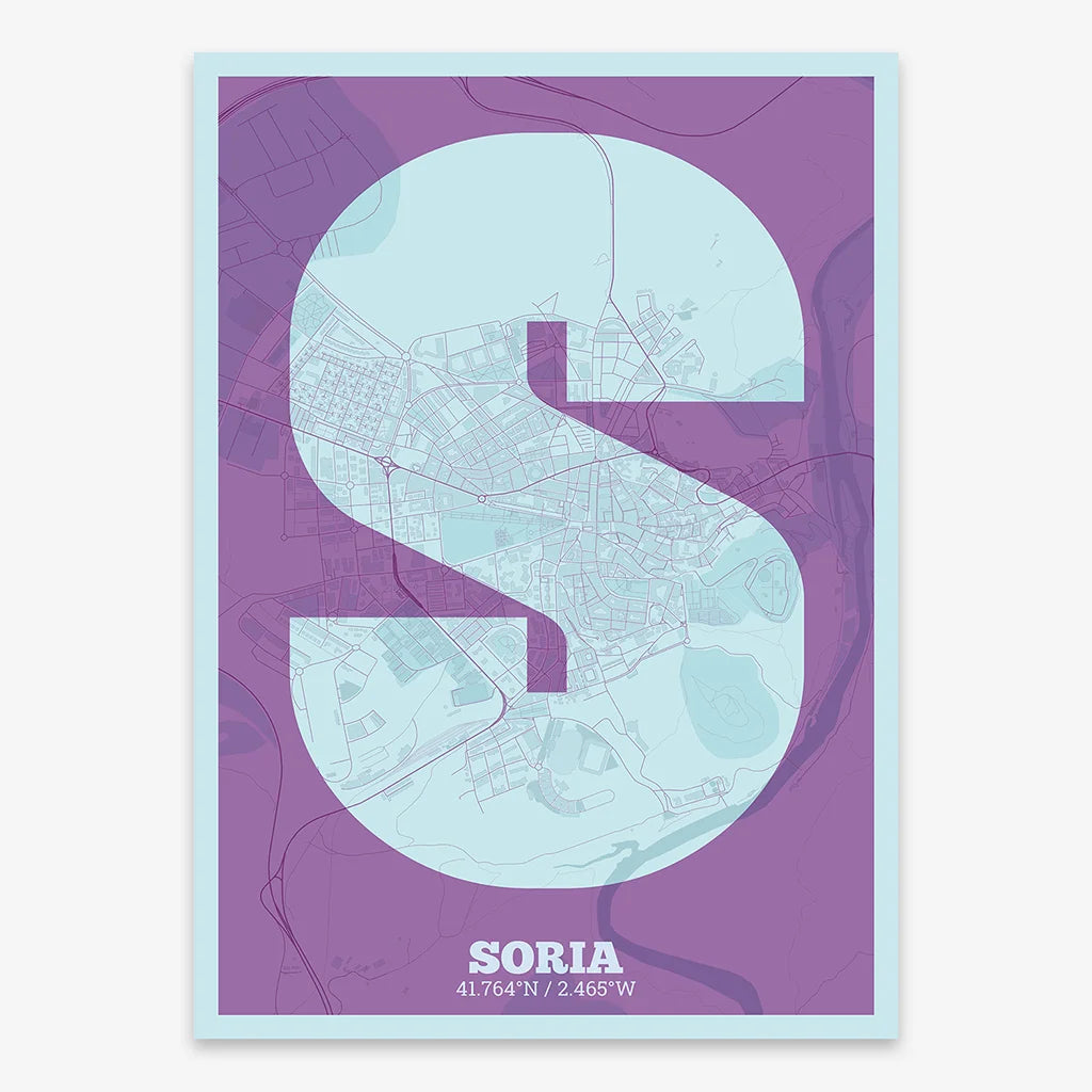 Decorative print of Soria composed with letters in a heavy geometric font printed on purple and light blue