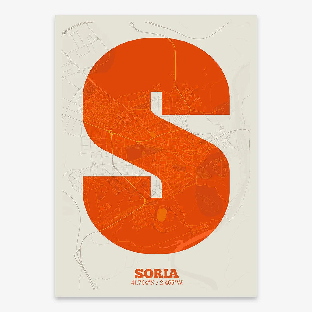 Decorative print of Soria composed with letters in a heavy geometric font printed on orange and an off-white background