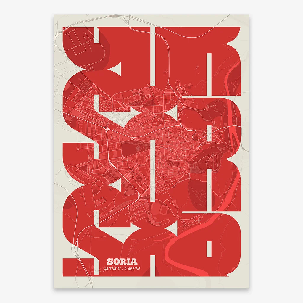 Poster of Soria composed with letters from its abbreviation or its airport IATA code printed on red and an off-white background