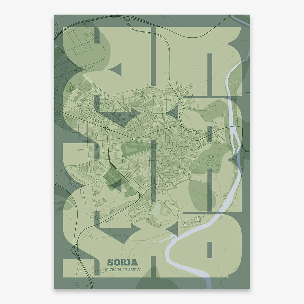 Poster of Soria composed with letters from its abbreviation or its airport IATA code printed on two green tones