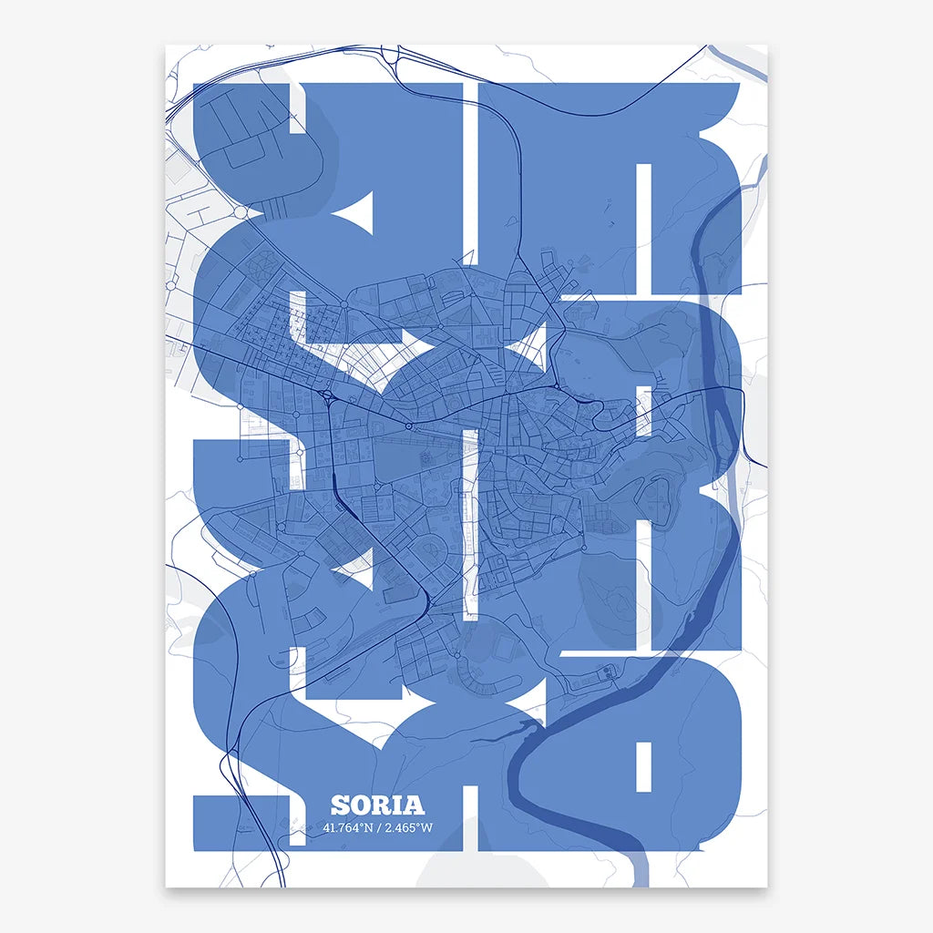 Poster of Soria composed with letters from its abbreviation or its airport IATA code printed on navy blue and white