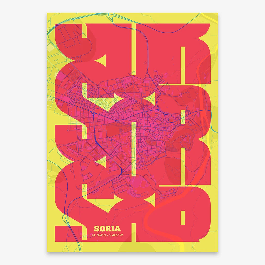 Poster of Soria composed with letters from its abbreviation or its airport IATA code printed on yellow and fuchsia