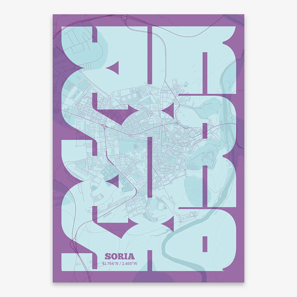 Poster of Soria composed with letters from its abbreviation or its airport IATA code printed on purple and light blue