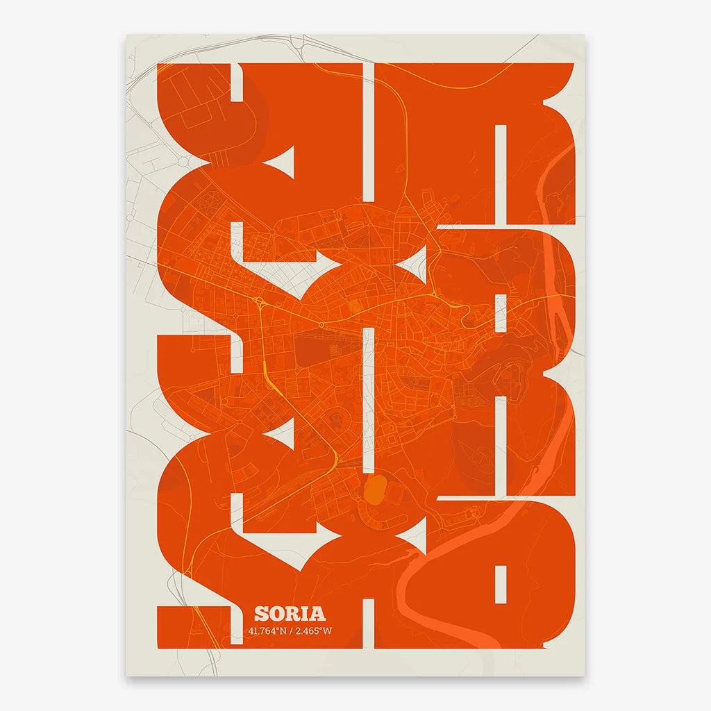 Poster of Soria composed with letters from its abbreviation or its airport IATA code printed on orange and an off-white background