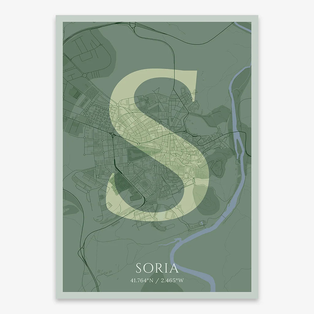 Decorative map of Soria composed with letters in serif font printed on two green tones