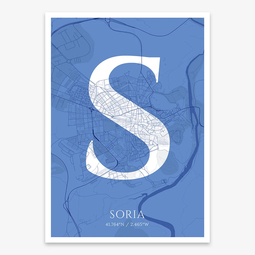 Decorative map of Soria composed with letters in serif font printed on navy blue and white