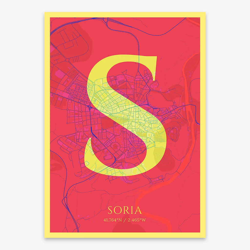 Decorative map of Soria composed with letters in serif font printed on yellow and fuchsia
