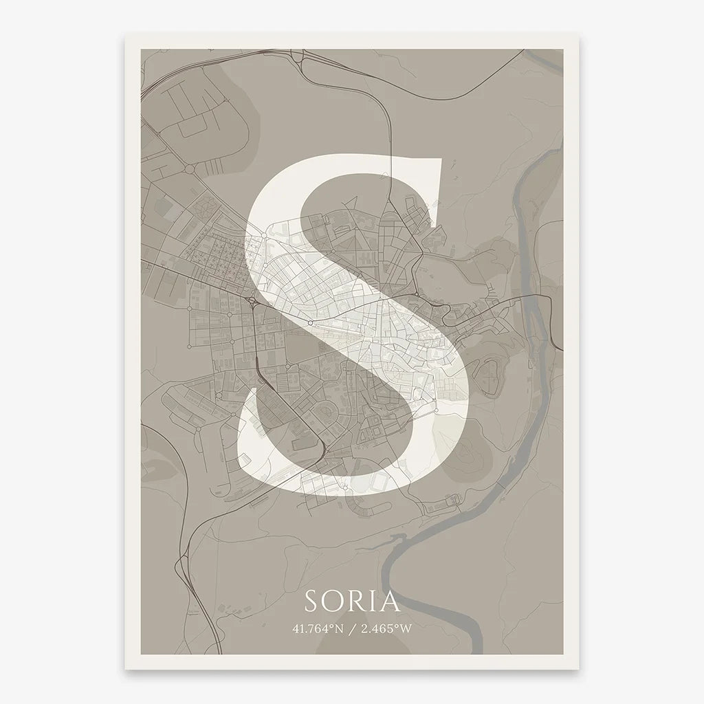 Decorative map of Soria composed with letters in serif font printed on light brown and an off-white background