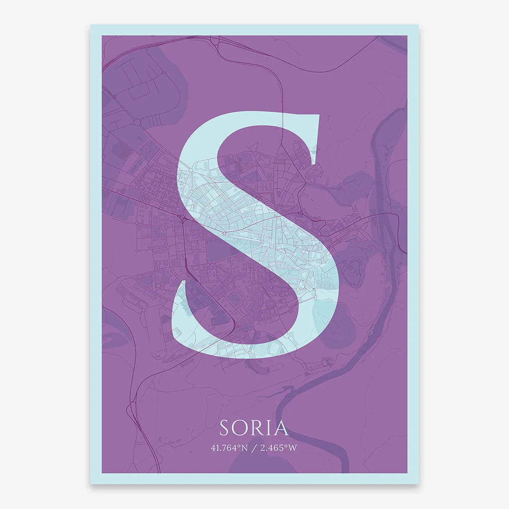 Decorative map of Soria composed with letters in serif font printed on purple and light blue