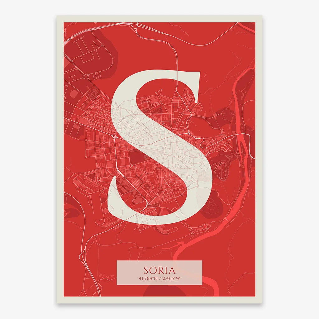 Decorative map of Soria composed with letters in serif font printed on red and an off-white background