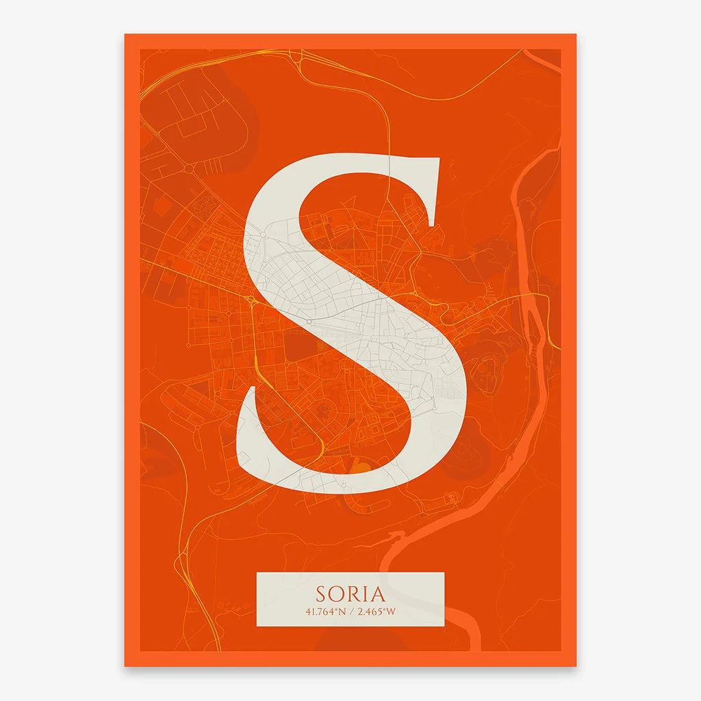 Decorative map of Soria composed with letters in serif font printed on orange and an off-white background