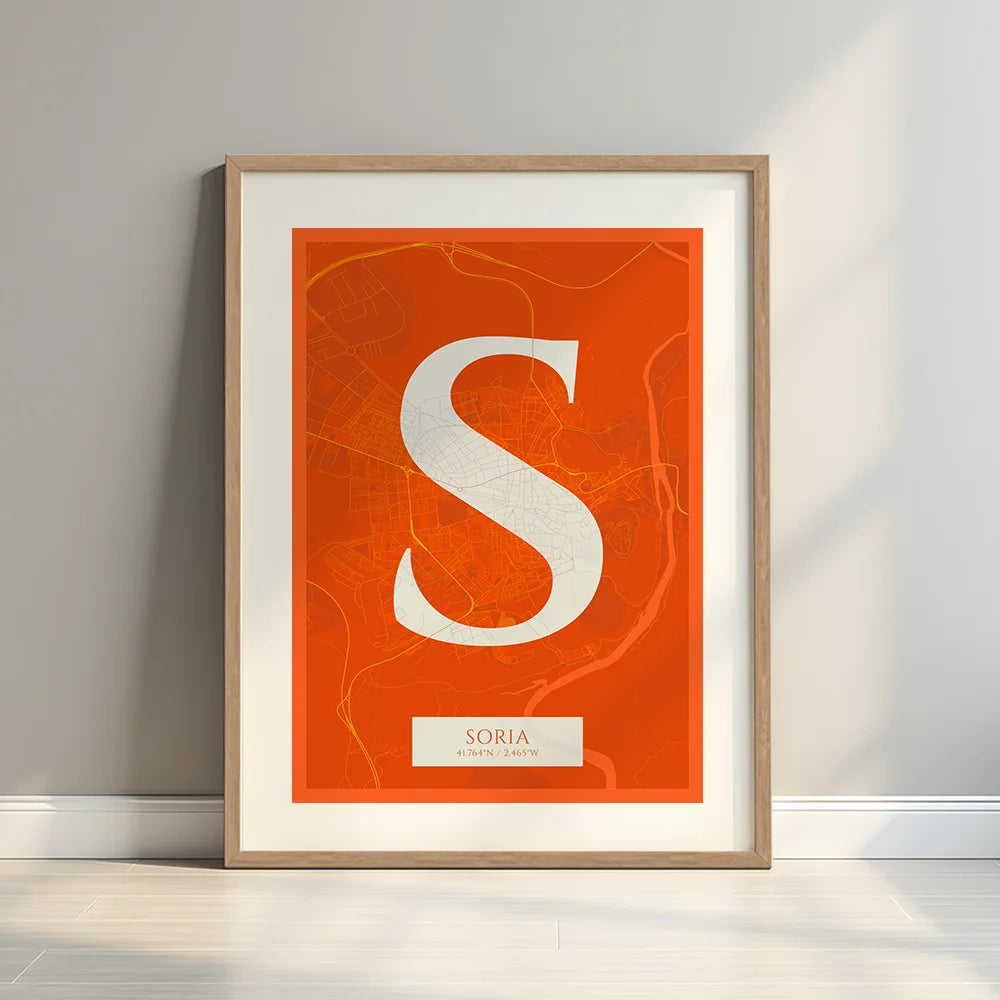 Framed Soria in Classic design, inspired by chiseled typography with an elegant font that creates a beautiful visual contrast designed in orange and an off-white background with a white margin border in a warm lit minimalist setting