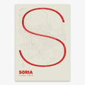 Poster of Soria composed with letters in extra light font printed on red and an off-white background